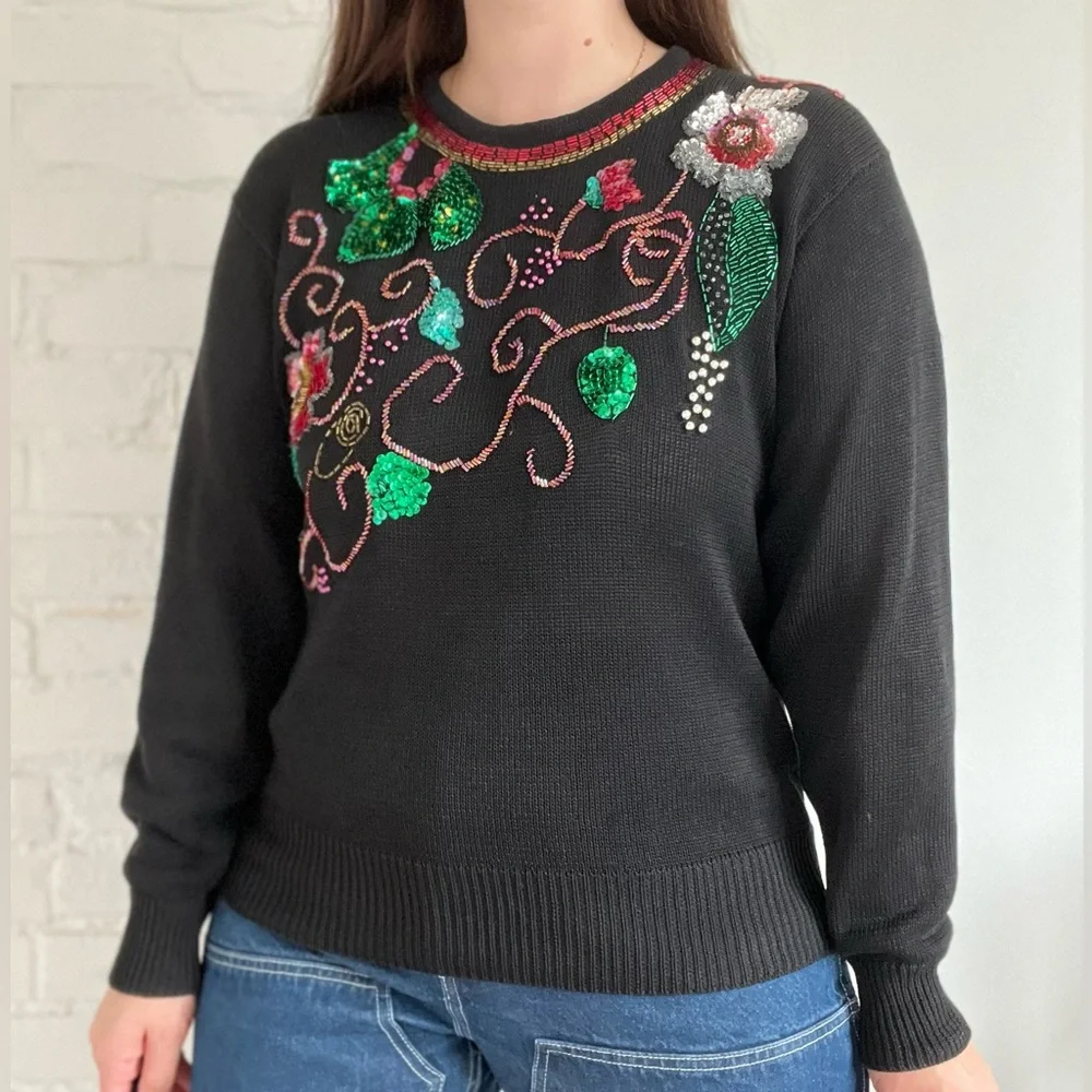 VINTAGE Women’s Sweater Sequins Embellished Festive Knit Size Large - Picture 5 of 12